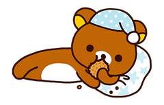 Rilakkuma in a night cap, lounging on a pillow & eating a cookie